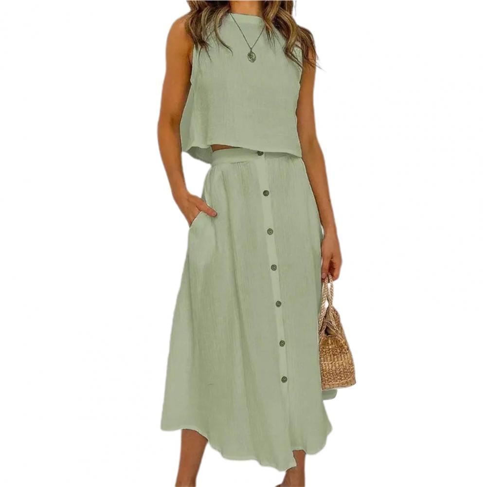 Damen Sommerkleid, ärmellos, grün, Leinen, Knopfleiste, lässig, Strandmode, mit Tasche.