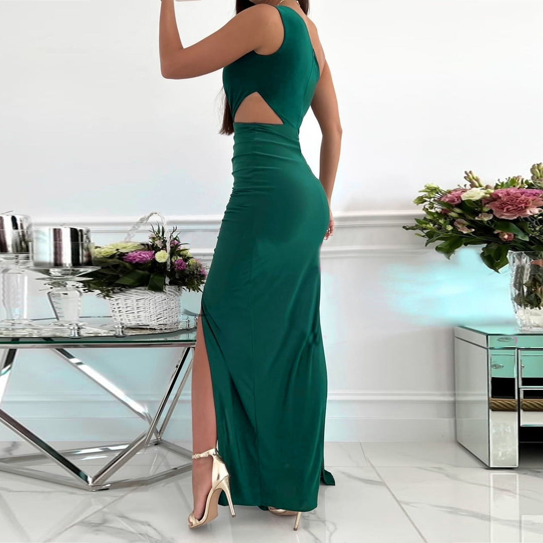 Grünes Abendkleid Damen, ärmellos, mit Rückenausschnitt, elegantes Design, bodenlang.