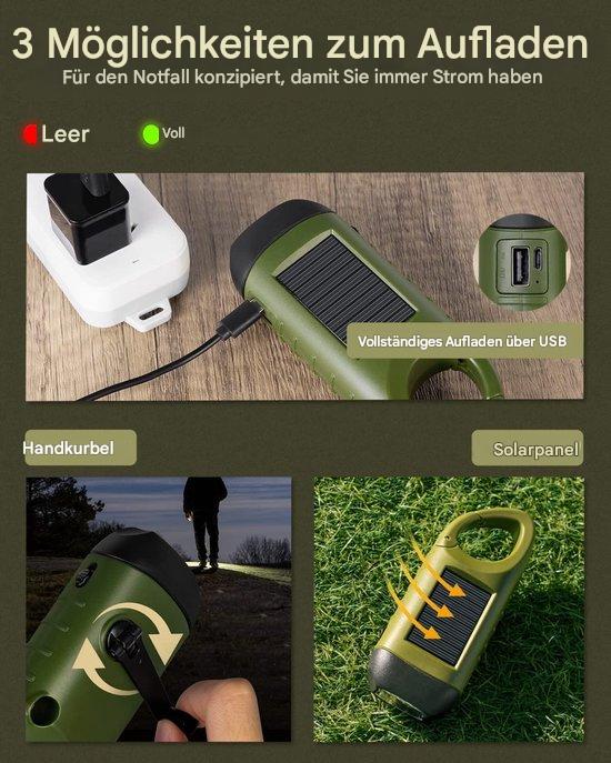 Grüne Notfall-Taschenlampe mit Solarpanel, USB-Anschluss und Handkurbel zum Aufladen.