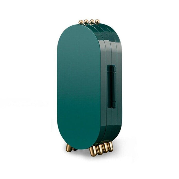 Grüner ovaler Tischventilator mit goldenen Akzenten, modernes Design, tragbar.