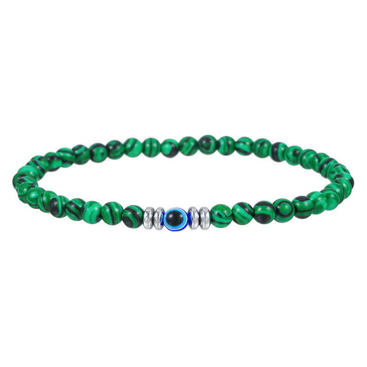 Grünes Malachit-Armband mit silbernen Akzenten, elastisch, Schmuck für Damen und Herren.