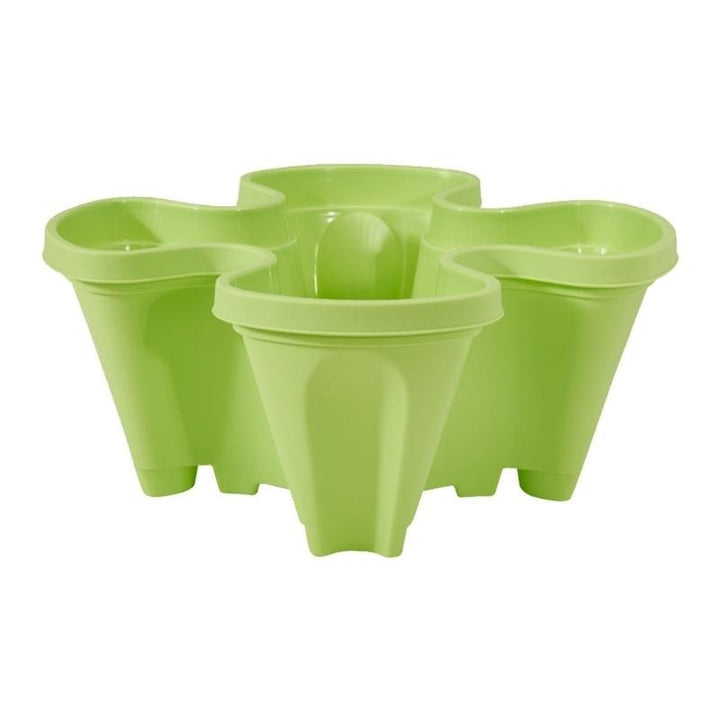 Grüner Kunststoff-Blumentopf, stapelbar, fünf Fächer, ideal für vertikale Gärten.