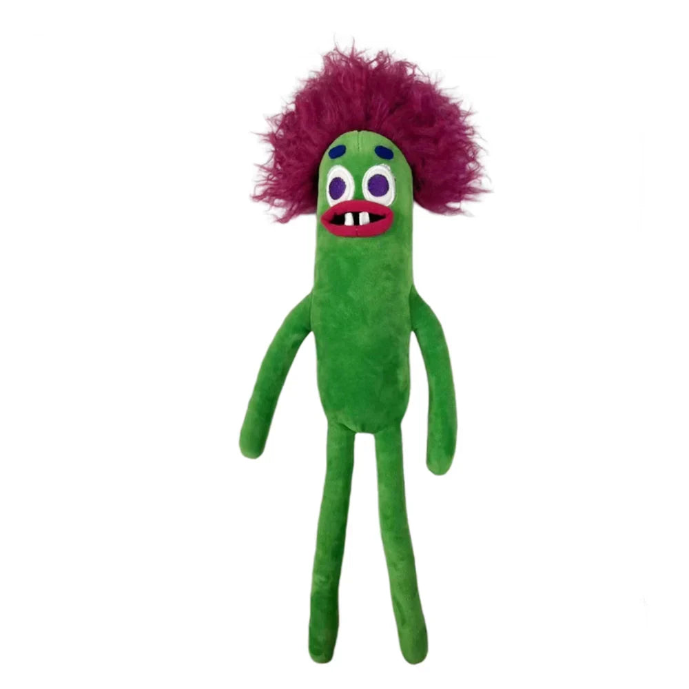 Grünes Plüschspielzeug mit lila Haaren, lustigem Gesicht, langem Körper und Armen.