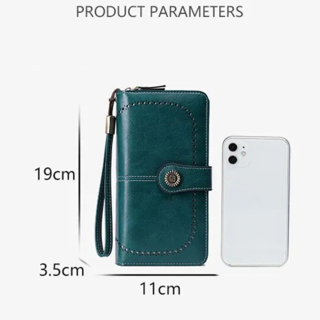 Grüne Lederhandytasche mit Reißverschluss, 19x11x3,5cm, neben weißem Smartphone.