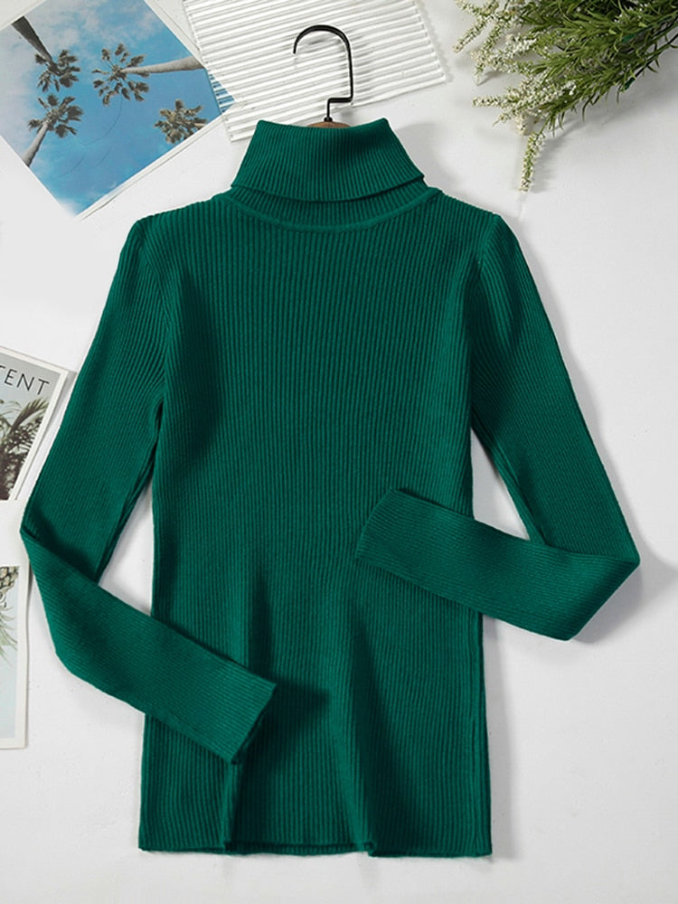 Grüner Rollkragenpullover Damen, gerippt, langärmelig, modisch, Herbstmode, Baumwolle.