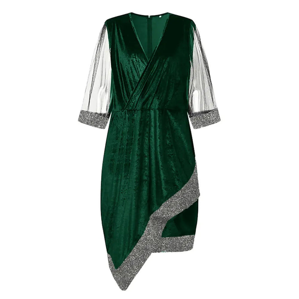 Grünes Samtkleid mit silbernen Ärmeln, asymmetrischem Saum, elegantes Abendkleid Damen.