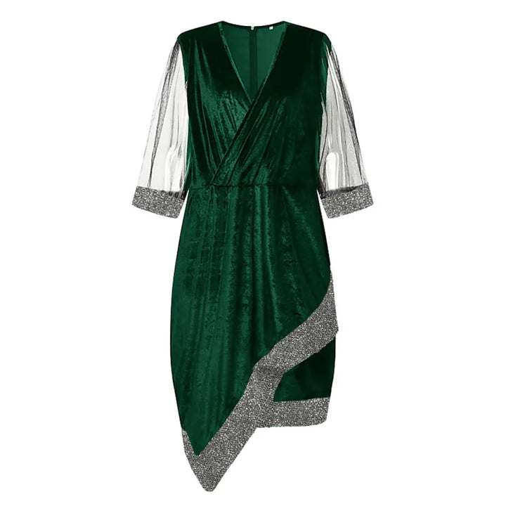 Grünes Samtkleid mit silbernen Ärmeln, asymmetrischem Saum, elegantes Abendkleid Damen.