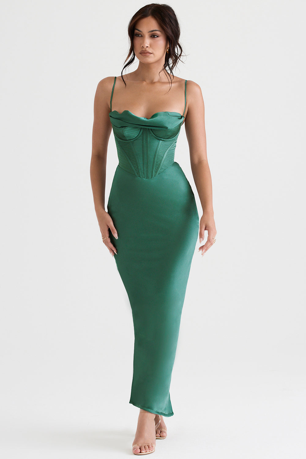 Elegantes grünes Satin-Abendkleid mit Korsett-Design, figurbetont, für Damenmode.