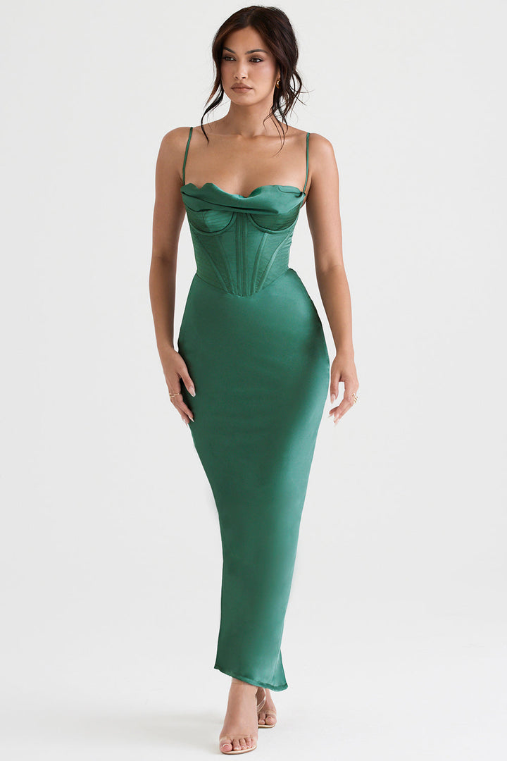 Elegantes grünes Satin-Abendkleid mit Korsett-Design, figurbetont, für Damenmode.