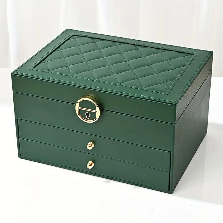 Grüne Schmuckschatulle aus Leder mit Rautenmuster, abschließbar, luxuriöses Design.