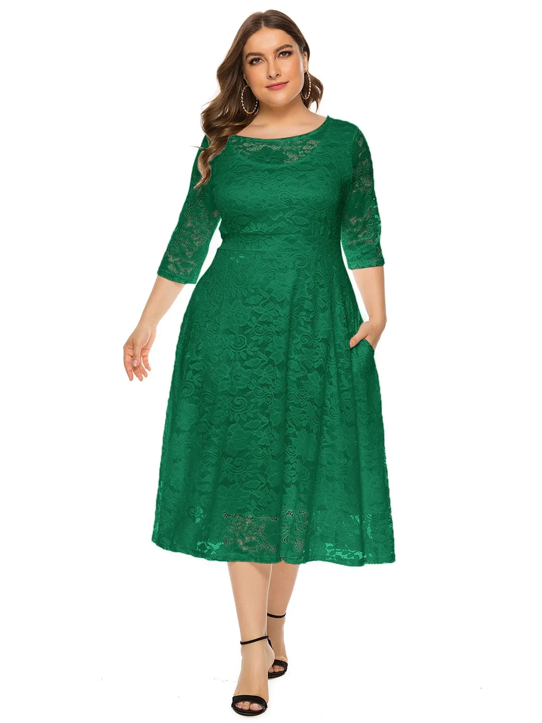 Damen Midikleid grün Spitze, 3/4-Ärmel, elegant, festlich, Abendmode, Plus Size.
