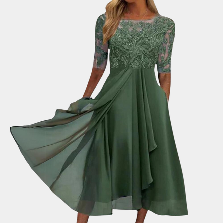 Grünes Spitzenkleid Damen, knielang, elegant, mit halblangen Ärmeln, Abendmode.