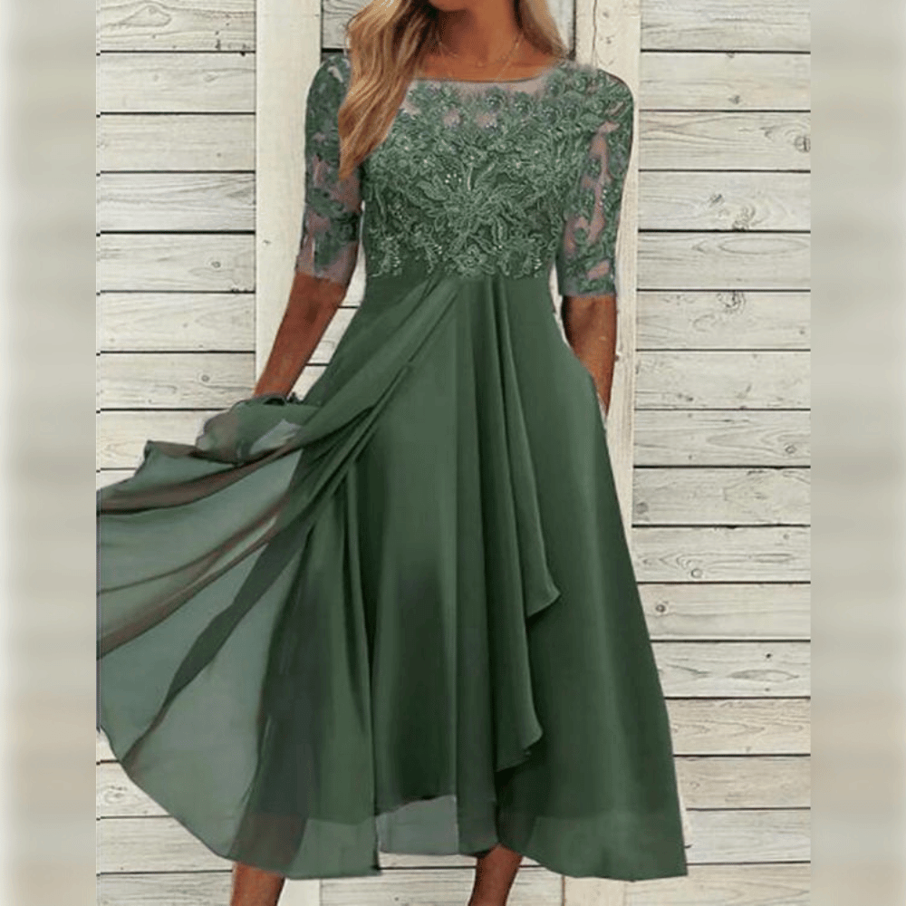 Grünes Abendkleid mit Spitze, knielang, dreiviertel Ärmel, elegantes Design, Damenmode.