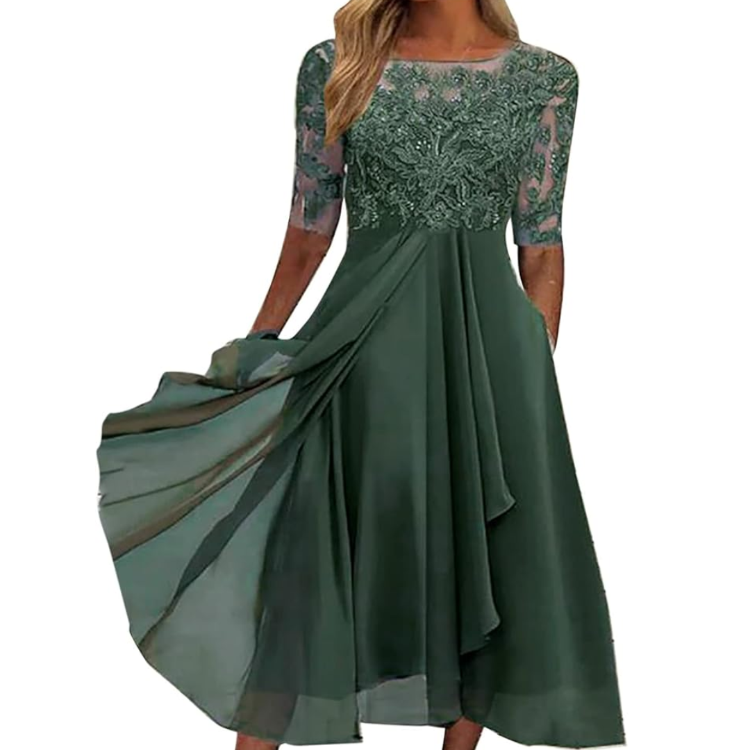 Grünes Spitzenkleid Damen, knielang, 3/4-Ärmel, elegant, Abendmode.