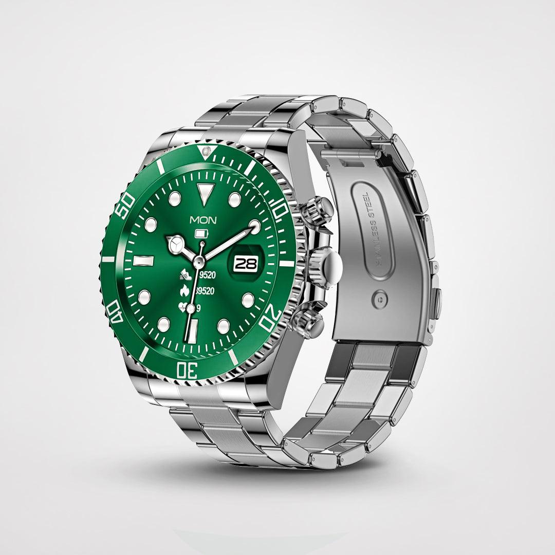 Grüne Edelstahl-Smartwatch mit Herzfrequenzmesser und Datumsanzeige, stilvolles Design.