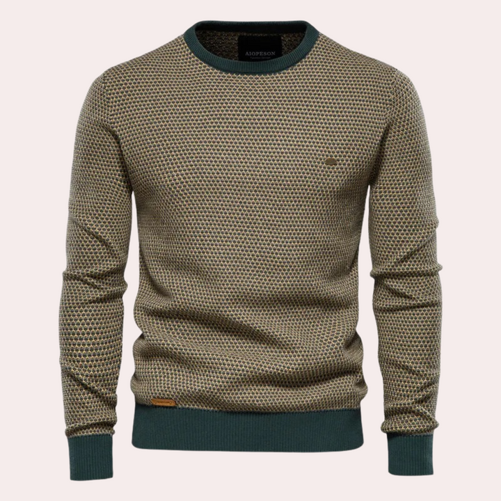 Grüner Herrenpullover, Strickmuster, Rundhalsausschnitt, langärmelig, modisch, bequem.