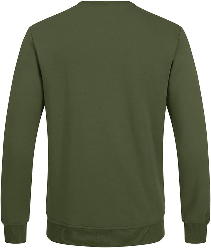 Grüner Herrenpullover, langärmelig, Baumwolle, Rückansicht, Freizeitmode, bequem.
