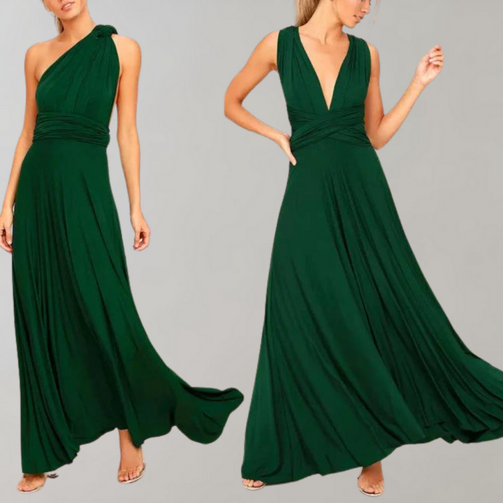 Damen Wickelkleid grün, festlich, ärmellos, bodenlang, ideal für Hochzeit und Feierlichkeiten.