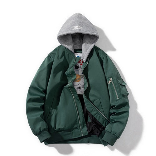 Grüne Bomberjacke mit grauer Kapuze, Reißverschluss, Taschen, Herrenmode, Streetwear.