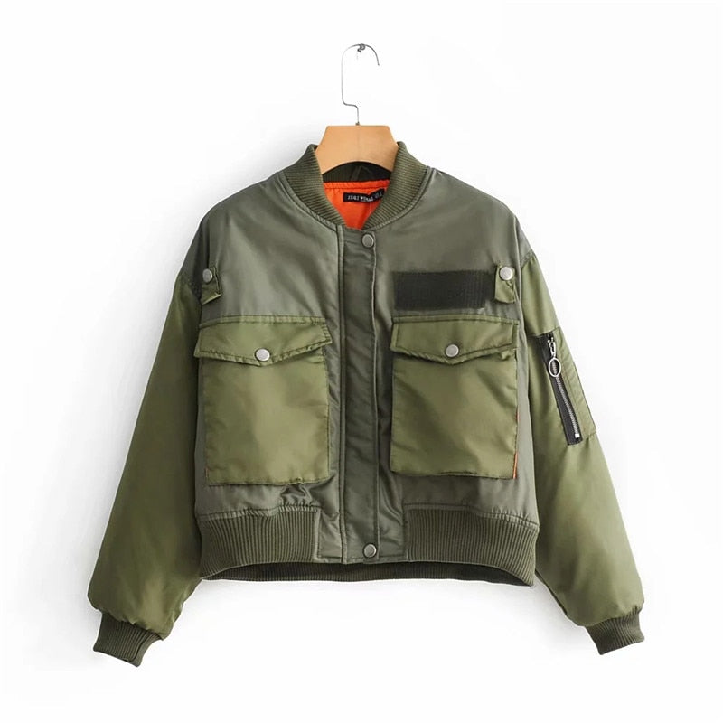 Grüne Bomberjacke Damen, Taschen, Reißverschluss, Herbstmode, lässig, Streetwear, Polyester.