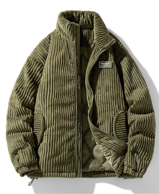 Olivgrüne Cordjacke mit Reißverschluss, gestepptem Innenfutter, Herrenmode, Winterjacke.