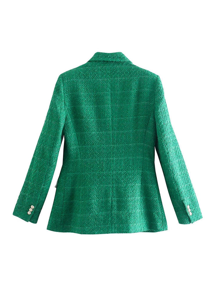 Grüner Damenblazer aus Tweed, langärmelig, mit Knöpfen, elegantes Design.