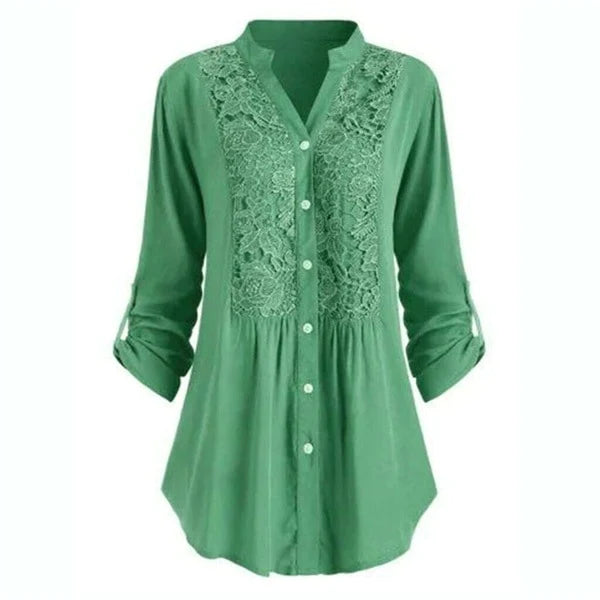 Grüne Damenbluse mit Spitzenmuster, lange Ärmel, Knopfleiste, elegant, Freizeitmode.