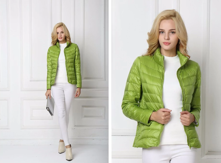 Damen grüne Daunenjacke, leicht, warm, modisch, ideal für Herbst und Winter.