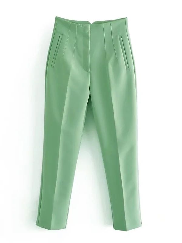 Grüne Damenhose, elegant, hohe Taille, Bügelfalten, Business-Look, modisch, bequem.
