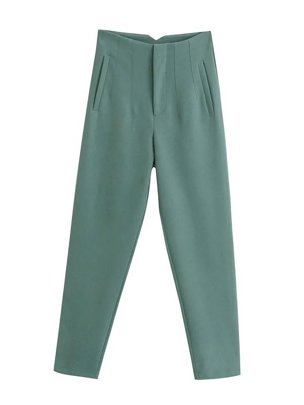 Grüne Damenhose, hohe Taille, schmaler Schnitt, elegantes Design, Baumwollmischung.