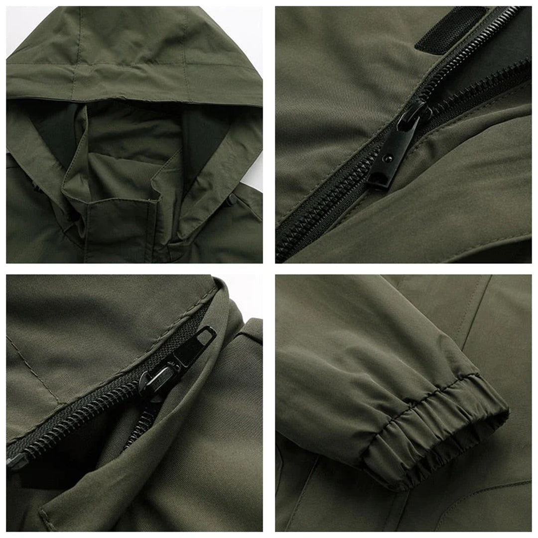 Grüne Herren-Bomberjacke mit Kapuze, Reißverschluss und elastischen Bündchen, wasserabweisend.
