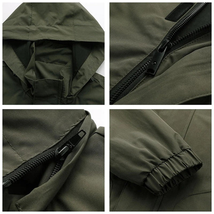 Grüne Herren-Bomberjacke mit Kapuze, Reißverschluss und elastischen Bündchen, wasserabweisend.
