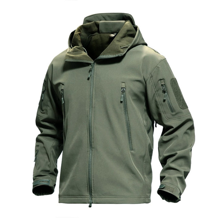 Grüne taktische Softshell-Jacke, wasserabweisend, mit Kapuze und Reißverschlusstaschen.