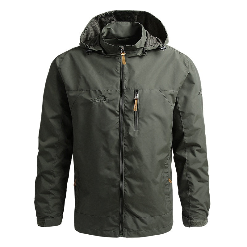 Grüne Herren-Outdoorjacke mit Kapuze, Reißverschluss, wasserabweisend, winddicht.