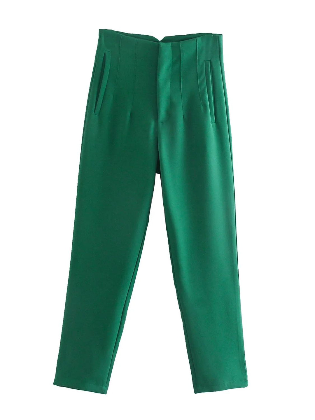 Grüne Damenhose, elegant, hohe Taille, gerade Passform, modisch, aus Baumwolle.