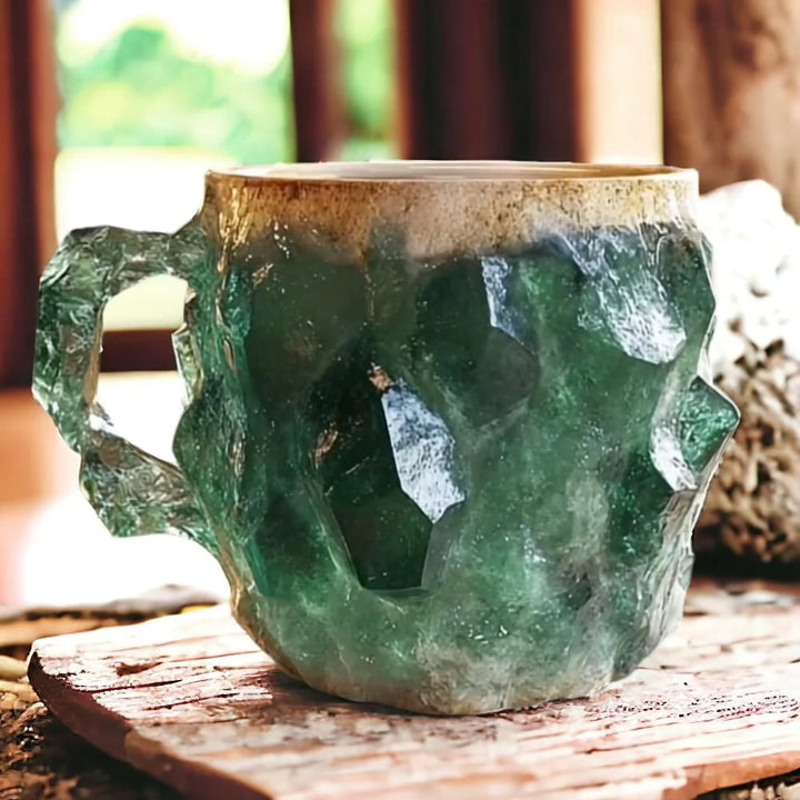 Grüne Kristall-Keramiktasse, handgefertigt, rustikales Design, ideal für Kaffee oder Tee.