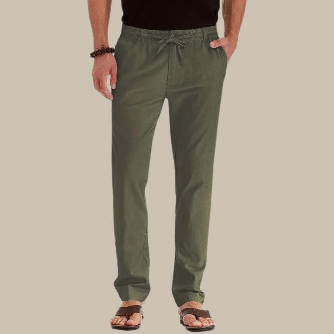 Grüne Herren-Leinenhose mit Kordelzug, lässig, bequem, ideal für Sommermode.