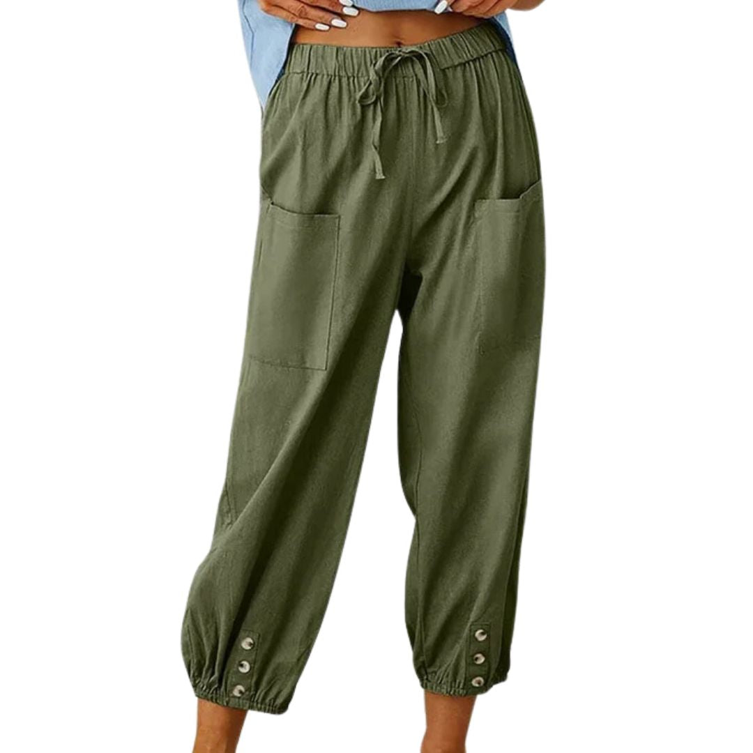 Damenhose grün, Leinen, Kordelzug, Taschen, Knöpfe, lässig, bequem, Sommermode