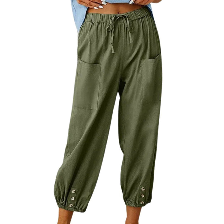 Damenhose grün, Leinen, Kordelzug, Taschen, Knöpfe, lässig, bequem, Sommermode