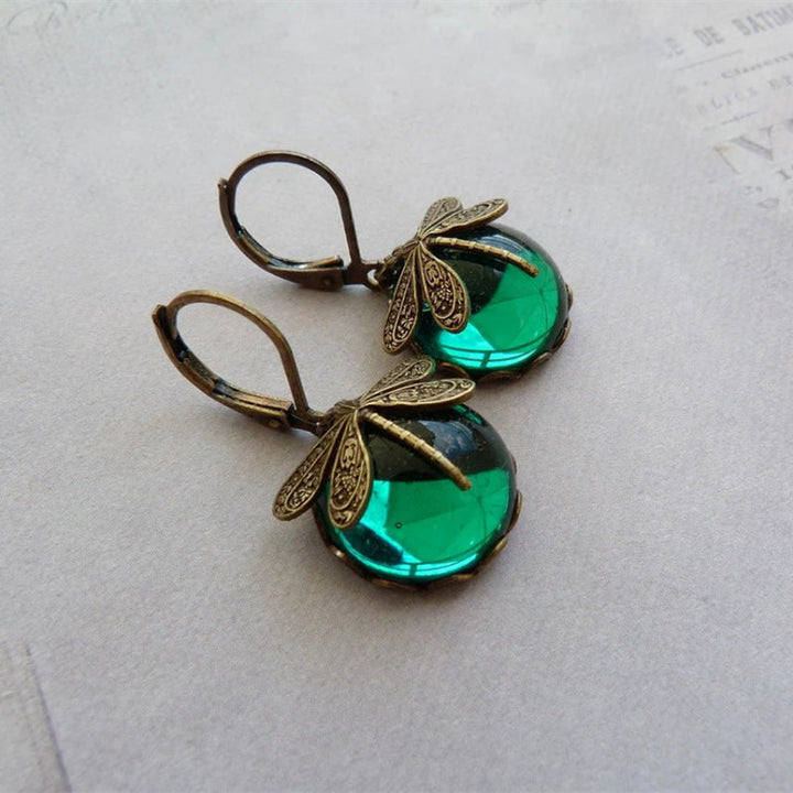 Vintage Ohrringe mit Libellen, grünem Glas, bronzefarben, Schmuck für Damen, Retro-Stil.