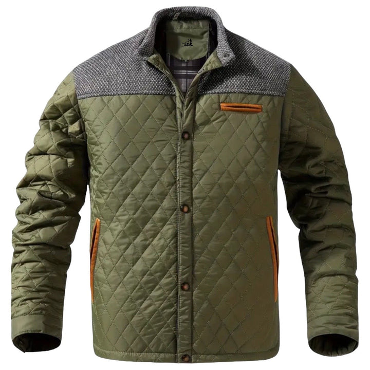 Grüne Steppjacke Herren, kariertes Innenfutter, gesteppte Ärmel, modisch, warm, Herbstmode.
