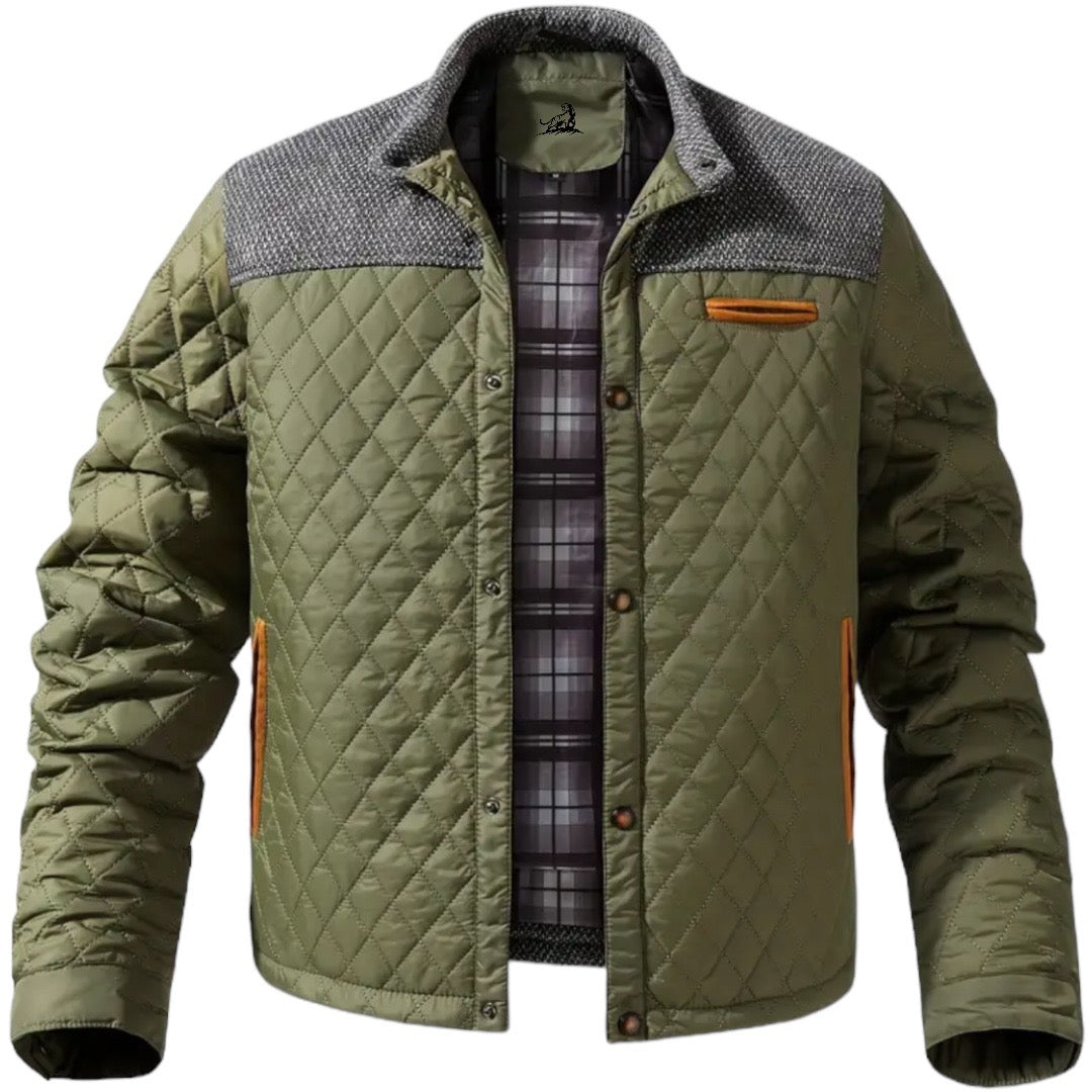Grüne Steppjacke Herren, kariertes Innenfutter, graue Schulterpartie, modisch, warm.