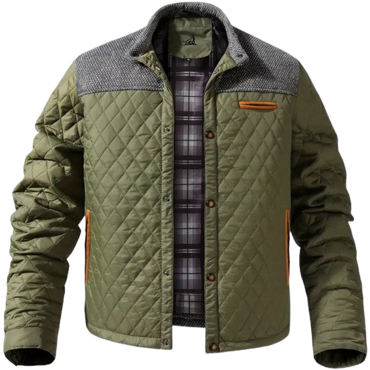 Grüne Steppjacke Herren, kariertes Innenfutter, graue Schulterpartie, modisch, warm.