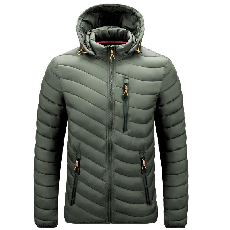Grüne Daunenjacke mit Kapuze, Reißverschlusstaschen, warm, winddicht, Herrenmode.