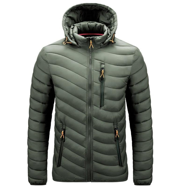 Grüne Daunenjacke mit Kapuze, Reißverschlusstaschen, warm, winddicht, Herrenmode.
