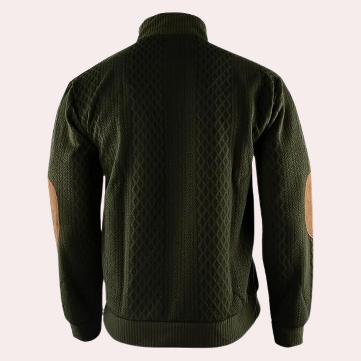 Grüne Strickjacke mit Ellbogen-Patches, Herrenmode, Baumwolle, Rückansicht, stilvoll, warm.