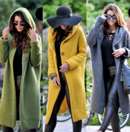 Damen Strickmantel lang, grün, gelb, grau, Herbstmode, warm, elegant, modisch, Freizeitkleidung.