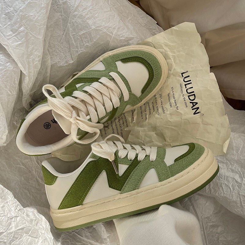 Weiße und grüne Sneaker aus Leder, modisch, sportlich, Luludan, Unisex, Freizeitschuhe.