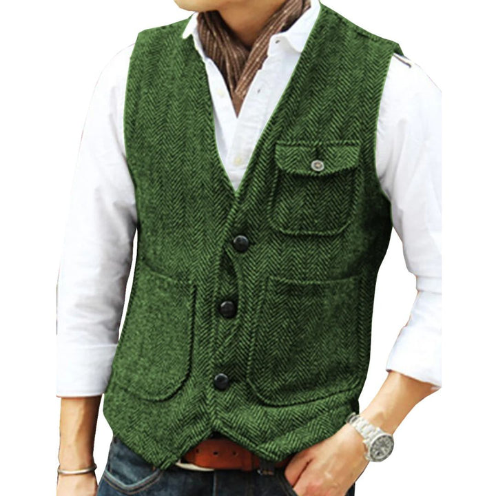 Grüne Herrenweste aus Tweed, ärmellos, mit Knöpfen, modisch, elegant, für Freizeitkleidung.