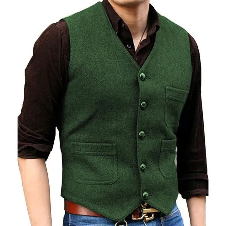 Grüne Herrenweste aus Wolle, ärmellos, mit Knöpfen und Taschen, ideal für Trachtenmode.